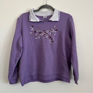 Adrian Daltfeld Lavender Floral Embroidered Collared Sweatshirt Pullover-Size L